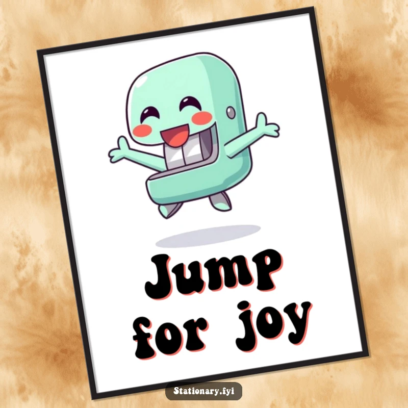 Funny digital art print featuring a happy stapler character performing a cheerful jump, perfect for motivational and humorous office decor.