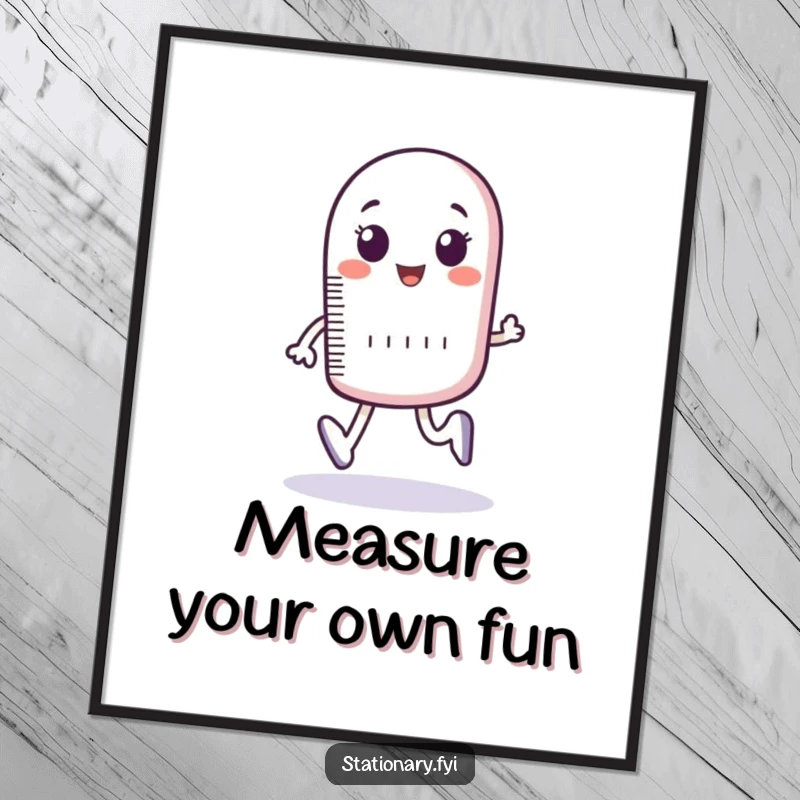 Funny digital art print of a bouncing ruler character humorously measuring imaginary footsteps, ideal for instant witty decor.