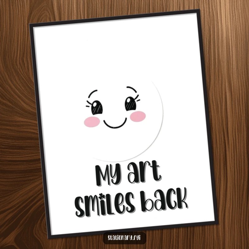 Funny digital art print of a happy marker character drawing a smiling face, ideal for instant cheerful wall decor.