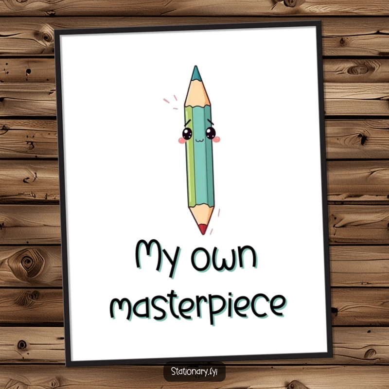 Funny digital art print of a bewildered pencil attempting to draw itself with its own tip, a humorous and artistic visual.