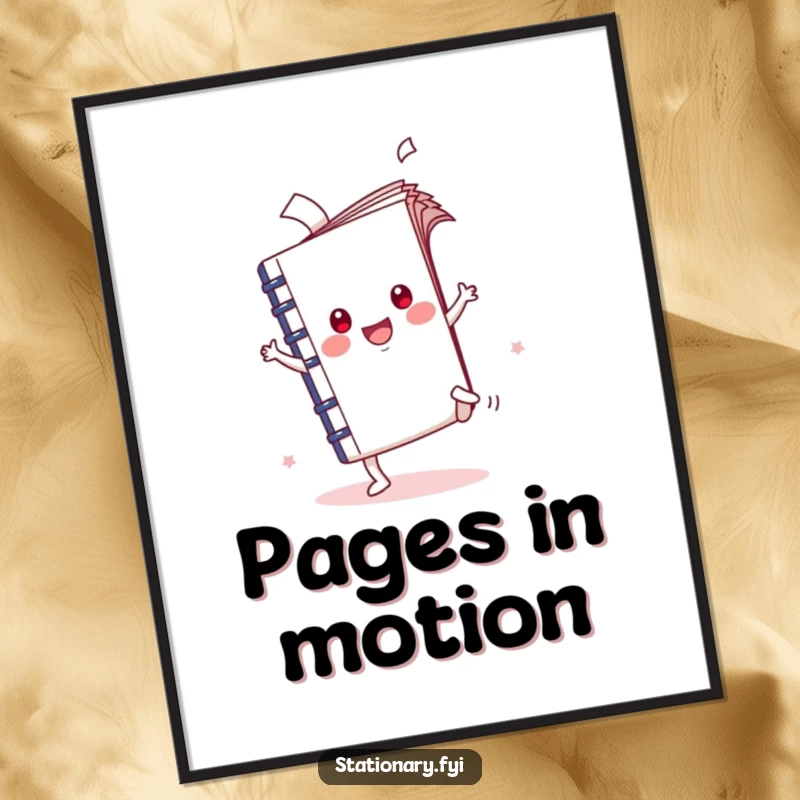 Funny Kawaii Notebook Cartwheel Digital Art Print with flying pages, offering instant humorous decor, a great gift.