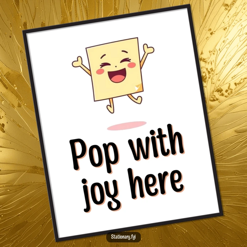 Funny digital art print of a sticky note jumping with pure joy, perfect for adding a humorous and cheerful vibe to any digital space.