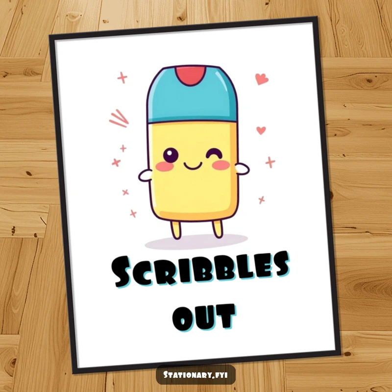 Funny Eraser Digital Art Print, smiling and cleaning scribbles, perfect for instant wall decor and as a humorous, tidy gift.