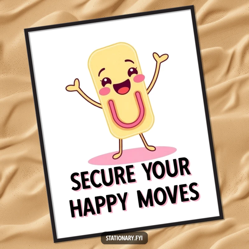 Funny digital art print of a joyous paper clip character doing a delightful shimmy, ideal for instant cheerful decor.