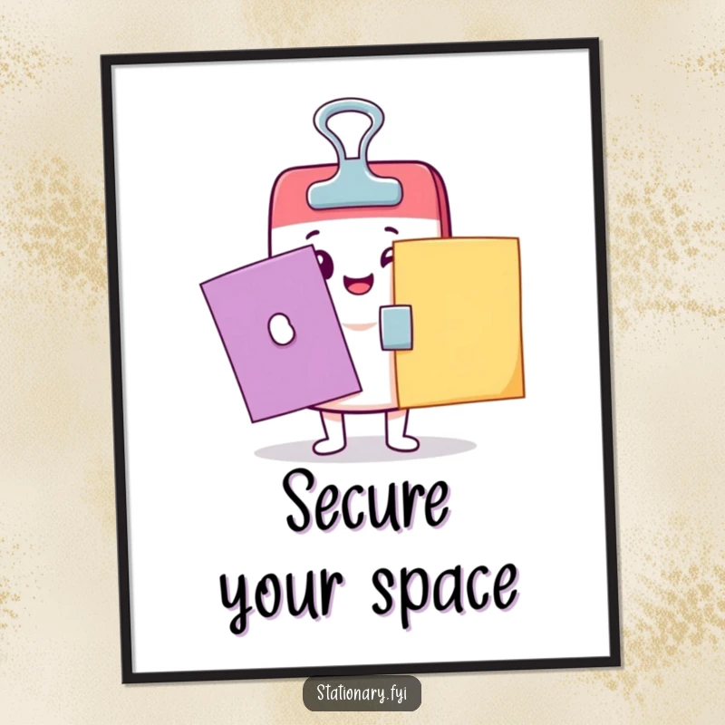 Funny Kawaii binder clip character happily securing papers, offered as a downloadable digital art print for humor.