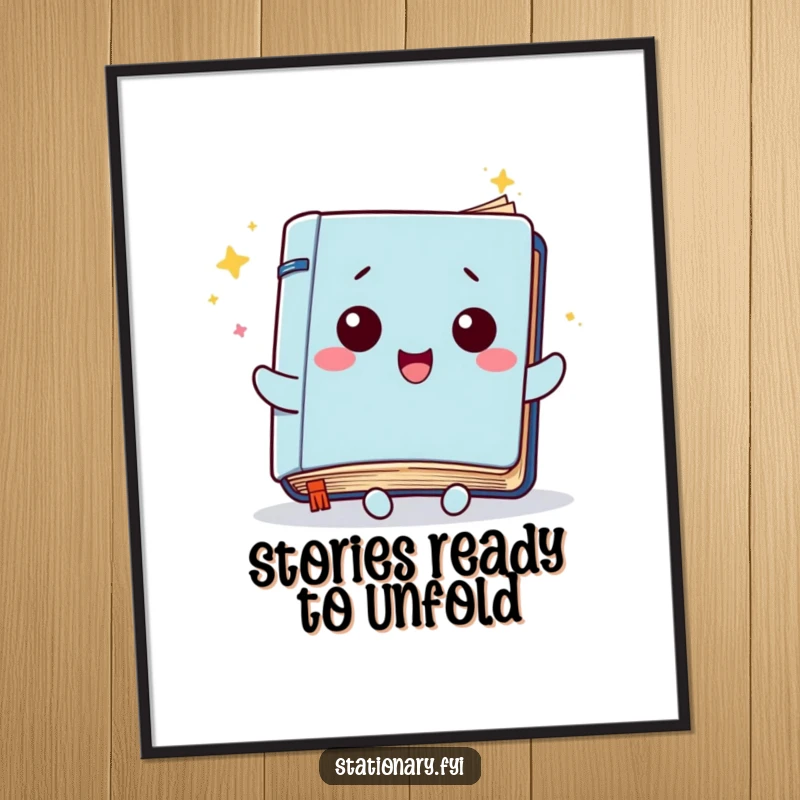 Funny Kawaii Notebook Digital Art Print: A downloadable artwork of a notebook character with fluttering pages, bringing instant creative humor.