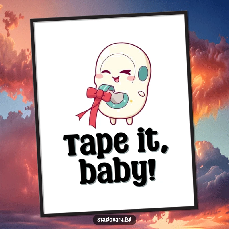 Funny digital art print of a winking tape dispenser character releasing a vibrant festive ribbon, ideal for adding humor.