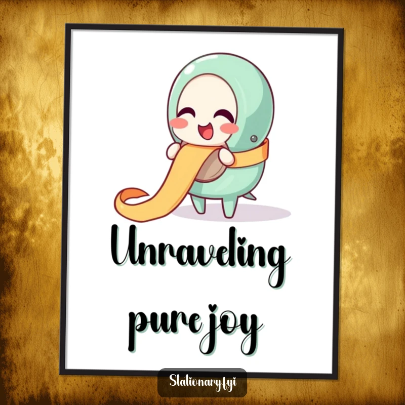 Funny digital art print of a giggling tape dispenser character happily unraveling a ribbon, ideal for instant cheerful decor.