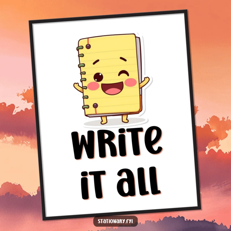 Funny digital art print of a wobbly notebook character with a huge smile, perfect for cheerful and humorous wall decor.
