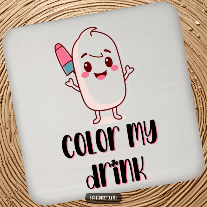 Funny marker drink coaster showing a bouncing marker drawing a wavy line. Protects surfaces.