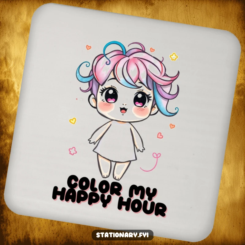 Funny drink coaster with a delightful marker character drawing colorful swirls, protecting surfaces with artistic humor.