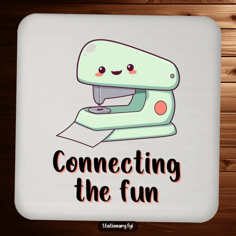 Funny Drink Coaster with a delighted stapler fastening paper, adding artistic efficiency and humor to protect surfaces, an ideal gift.