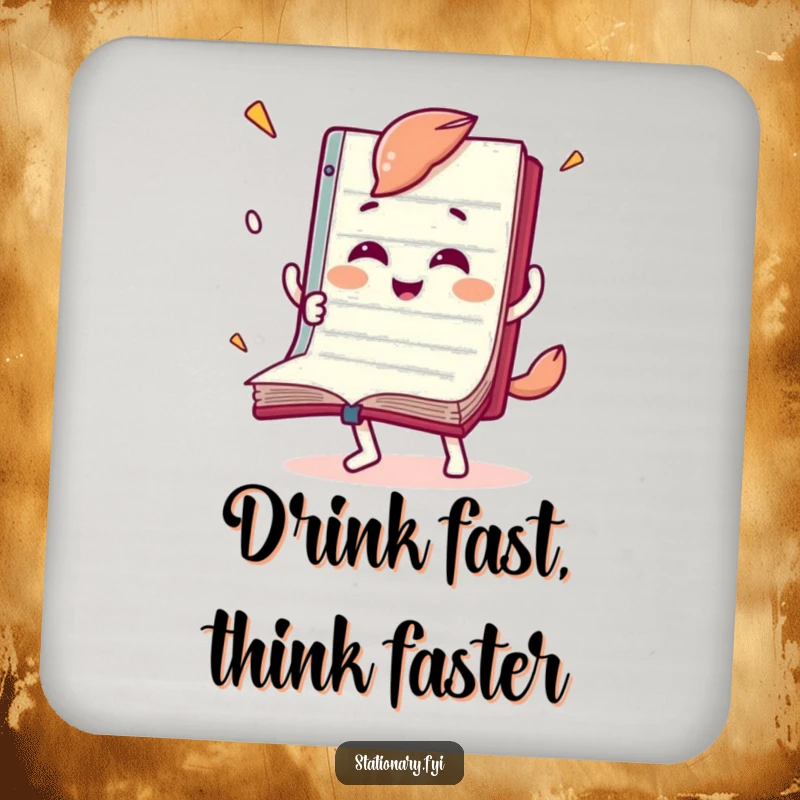 Funny drink coaster with a joyful notebook character flipping its pages rapidly, protecting surfaces with literary humor.