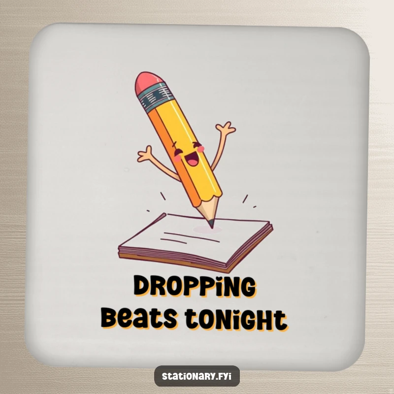 Funny pencil dramatically falling off a desk with flailing arms, a set of hilarious coasters.