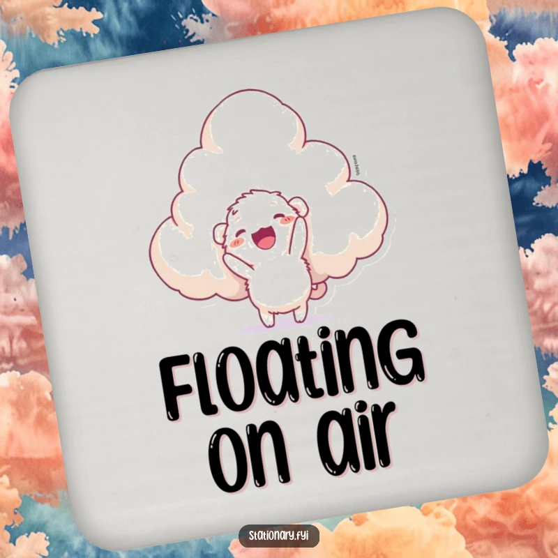 Funny drink coaster with a fuzzy creature trying to staple a large cloud, adding a humorous touch to beverage protection.