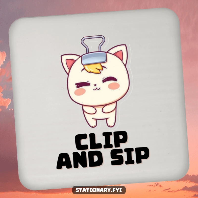 Funny drink coaster featuring a mischievous binder clip character playfully winking, adding fun and protection.