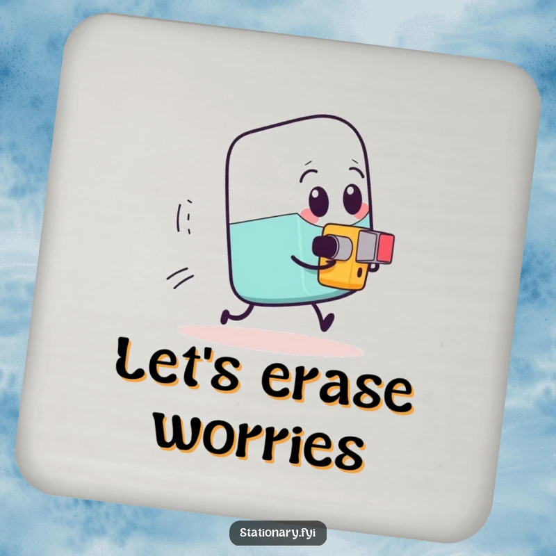 Funny expressive eraser being chased by a tiny determined pencil sharpener, a set of hilarious coasters.