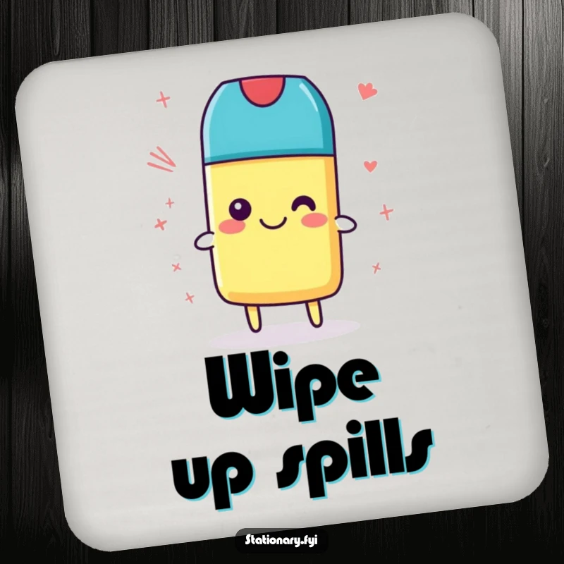 Funny Drink Coaster with a smiling eraser cleaning scribbles, adding artistic tidiness and humor to protect surfaces, an ideal gift.