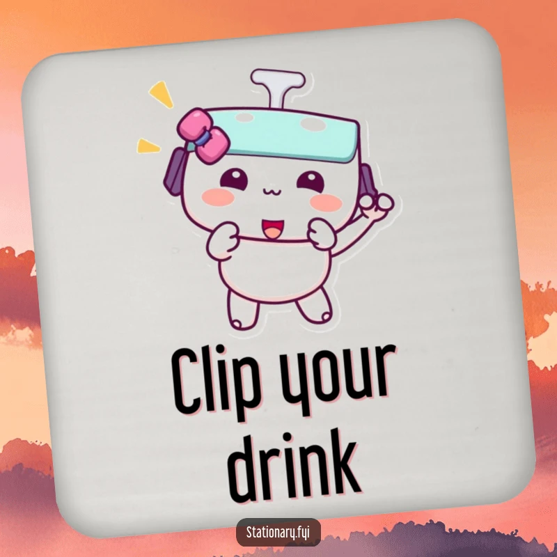 Funny kawaii binder clip coaster featuring a character doing a playful pinch, protecting surfaces with secure humor.