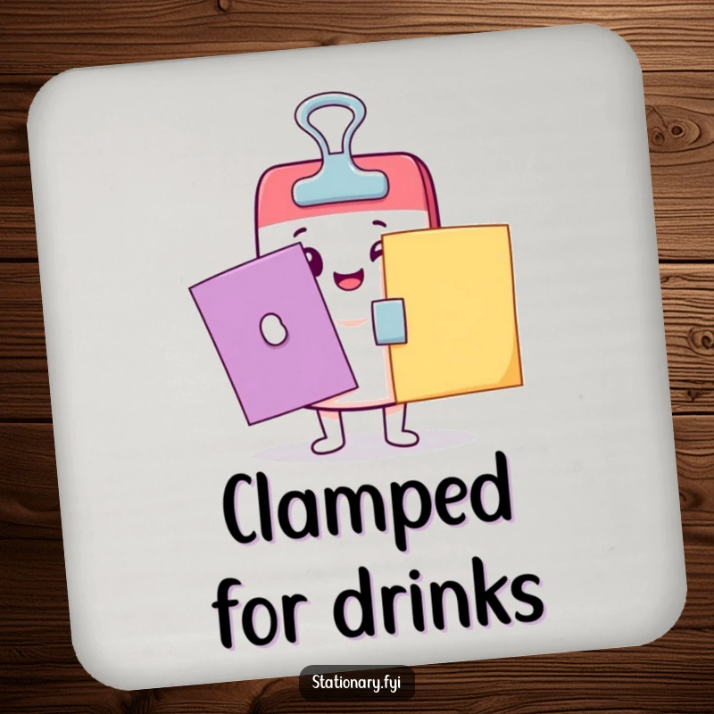Funny Kawaii binder clip character clamping papers on a protective drink coaster, adding whimsical detail.