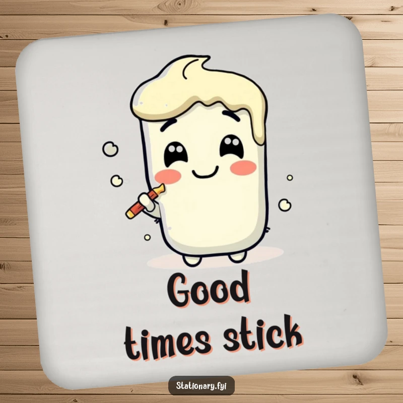 Funny Kawaii Glue Stick Coaster with a joyful smear, designed for humorous surface protection and as a funny gift.