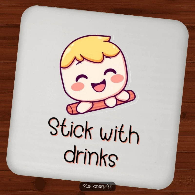 Funny kawaii glue stick coaster featuring a smooth-sliding character with a smile, protecting surfaces with sticky humor.