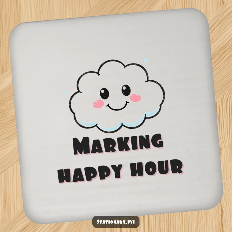Funny Kawaii marker character drawing a smiley face in a cloud on a protective drink coaster.