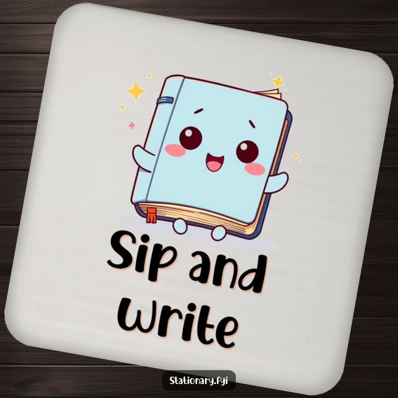 Funny Kawaii Notebook Coaster: A notebook character with fluttering pages, adding creative humor and protecting your surfaces.
