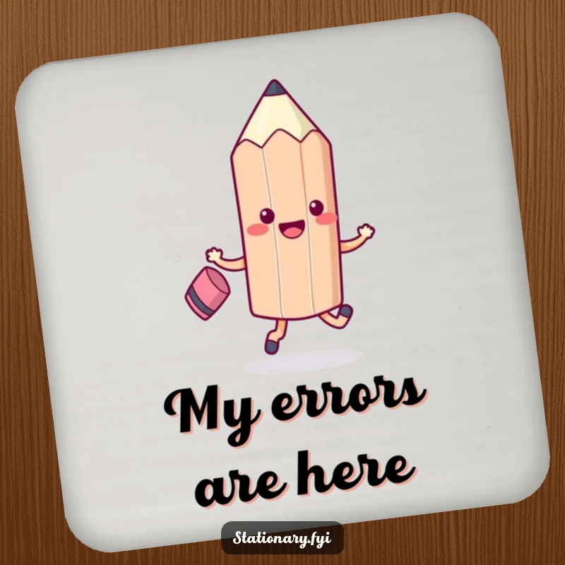 Funny Kawaii Pencil Skipping Coaster with an eraser, designed for humorous surface protection and as a funny gift.