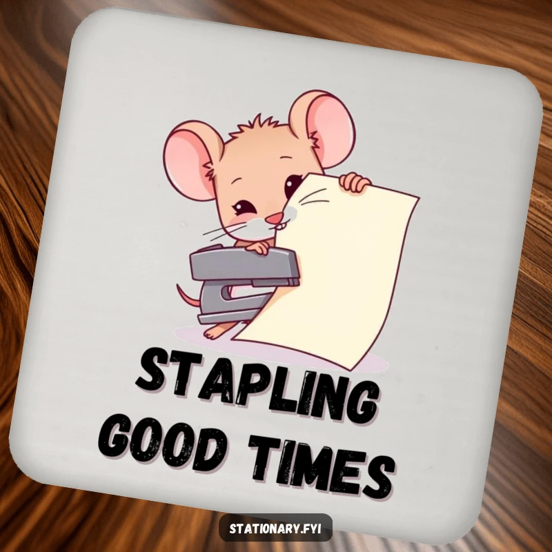 Funny drink coaster depicting a small mouse attempting to staple a huge piece of paper with a tiny stapler, a humorous surface protector.
