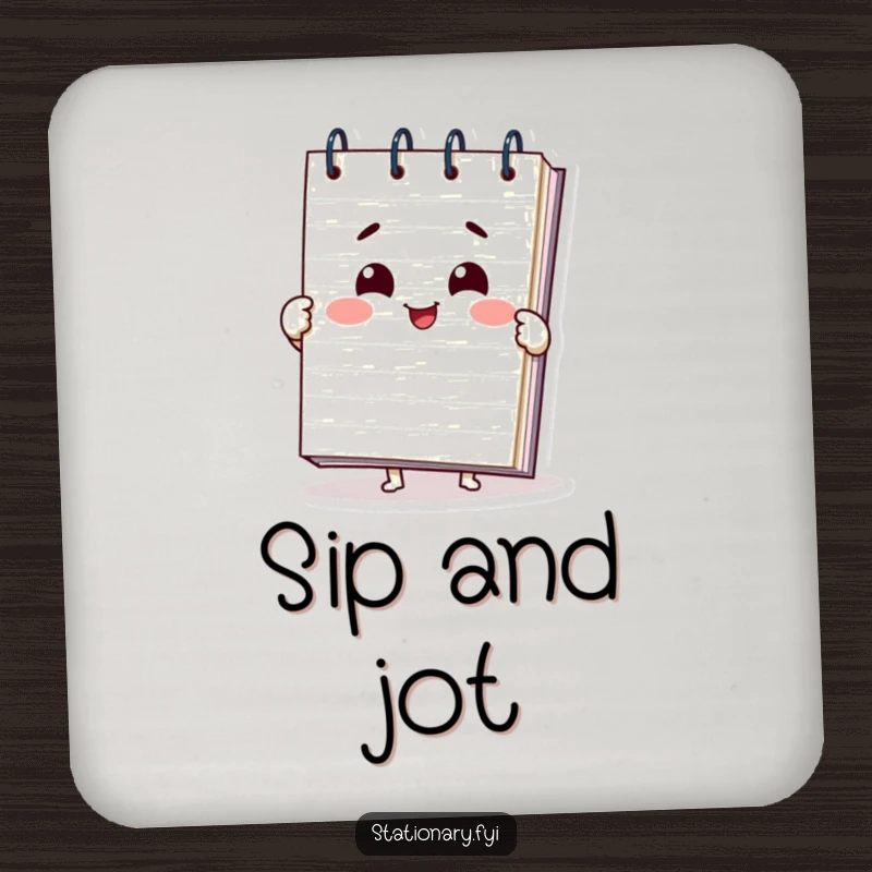 Funny notepad coaster featuring a delighted character unfurling pages with a smile, protecting surfaces with a touch of humor.