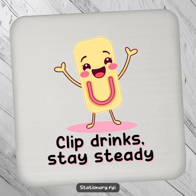 Funny drink coaster with a joyous paper clip character doing a delightful shimmy, offering cheerful surface protection.