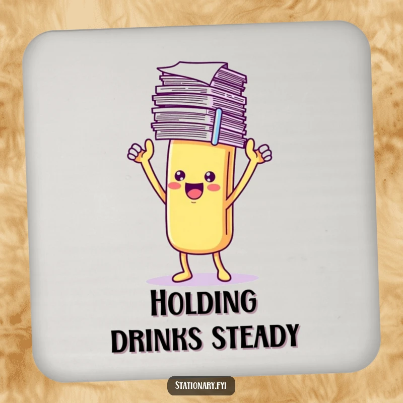 Funny Drink Coaster showing a triumphant Kawaii paperclip character holding papers, providing surface protection with organized flair.