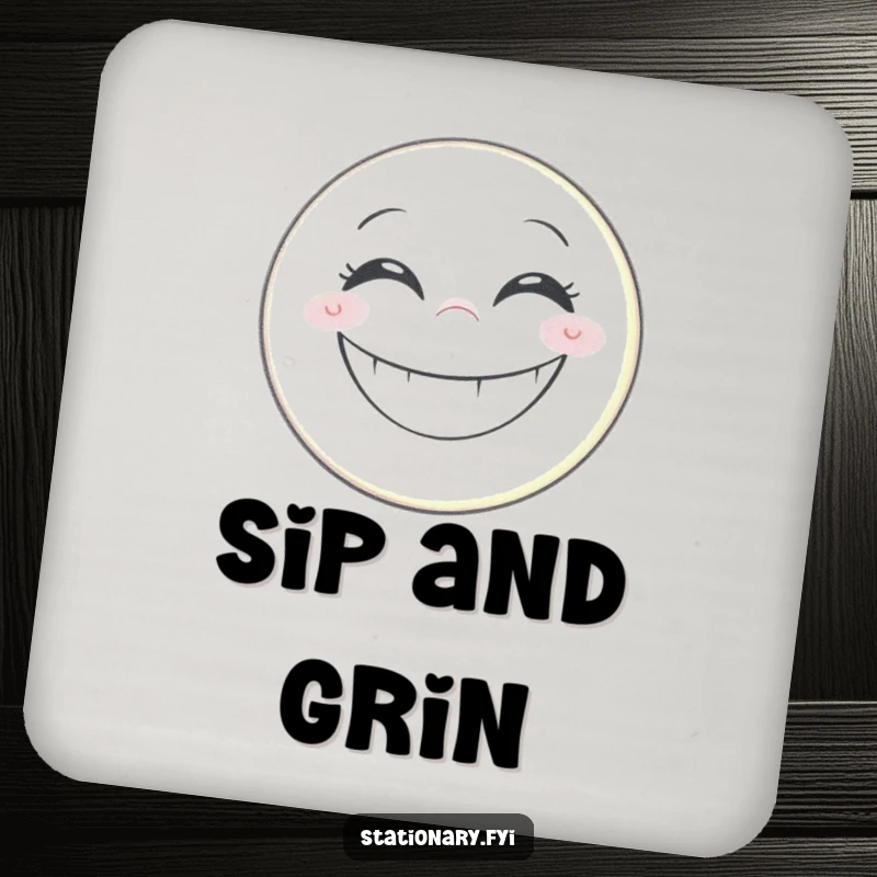 Funny drink coaster featuring a grinning pencil drawing a big, cheerful smiley face, protecting tables with art.