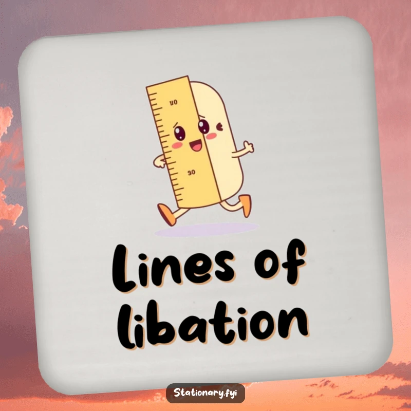 Funny drink coaster showing a wobbly ruler character drawing a straight line, a precise and humorous protector.