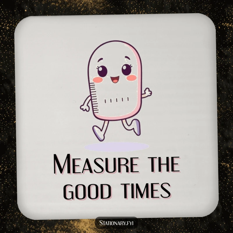 Funny drink coaster with a bouncing ruler character measuring imaginary footsteps, offering witty surface protection.