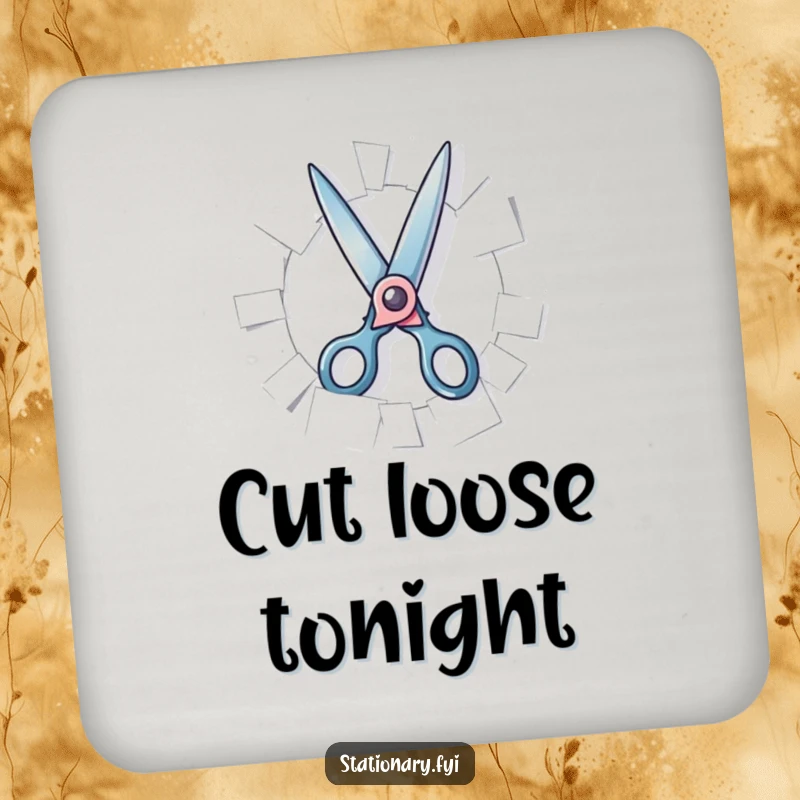 Funny Drink Coaster with playful scissors snipping paper, adding artistic humor to protect surfaces, an ideal and hilarious gift.