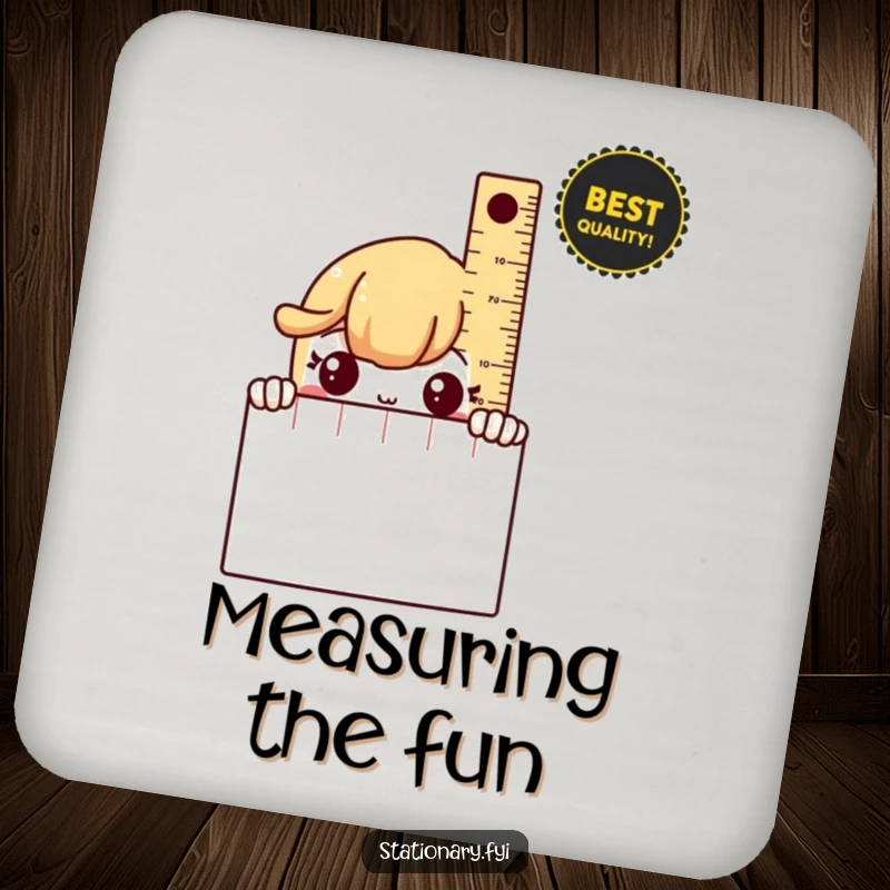Funny Drink Coaster featuring a shy ruler peeking from behind a notebook, protecting tables with quiet humor.