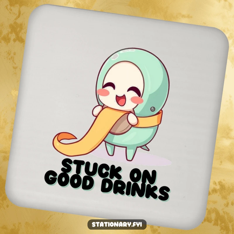 Funny drink coaster with a giggling tape dispenser character happily unraveling a ribbon, offering cheerful surface protection.