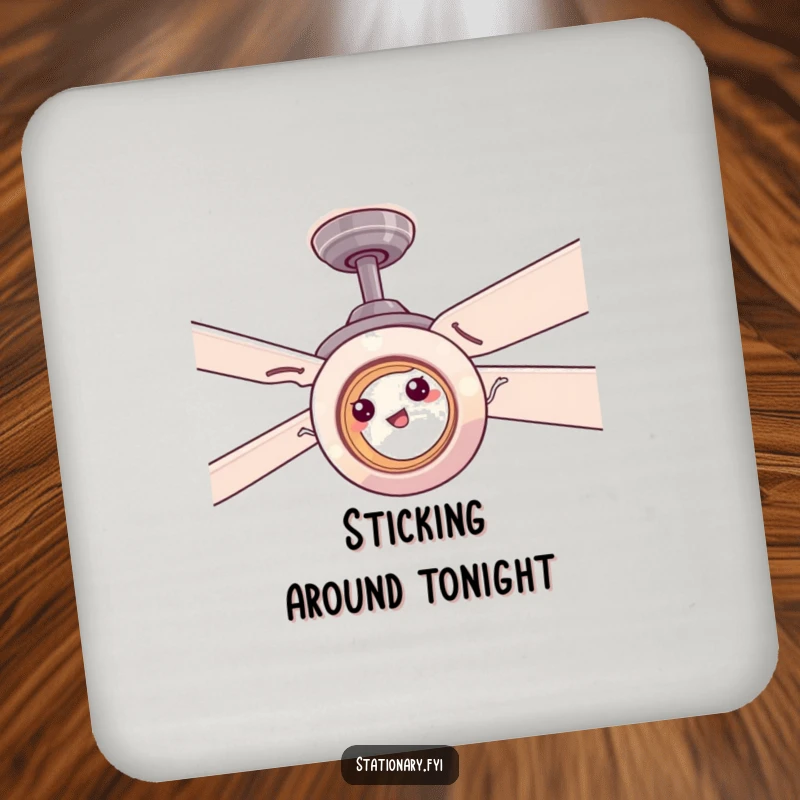 Funny tape roll comically stuck on a ceiling fan, a set of hilarious coasters for drink protection.