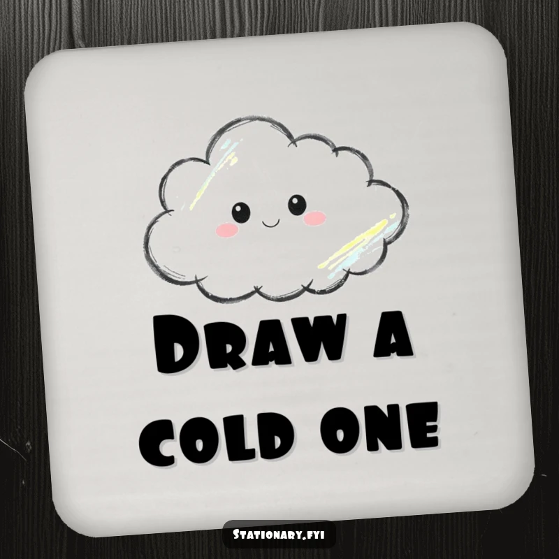 Funny drink coaster featuring a crayon thoughtfully sketching a cloud, adding artistic charm and surface protection.