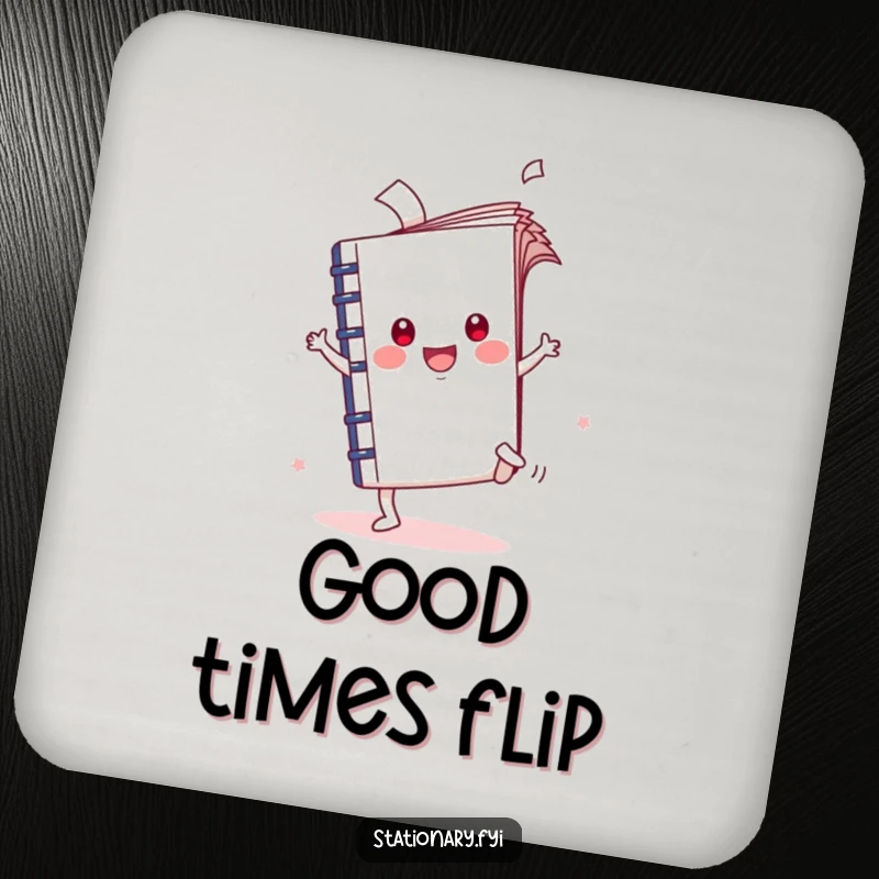 Funny Kawaii Notebook Cartwheel Coaster with flying pages, designed for humorous surface protection and as a funny gift.
