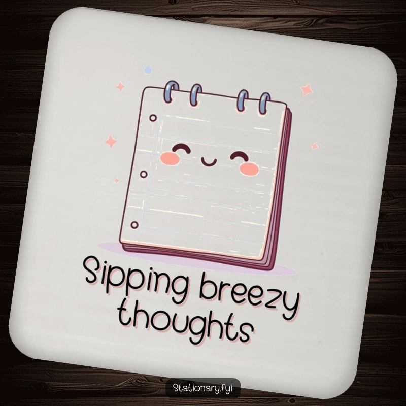 Funny drink coaster with a happy notepad with pages flapping in a breeze, perfect for adding a creative touch to any table.