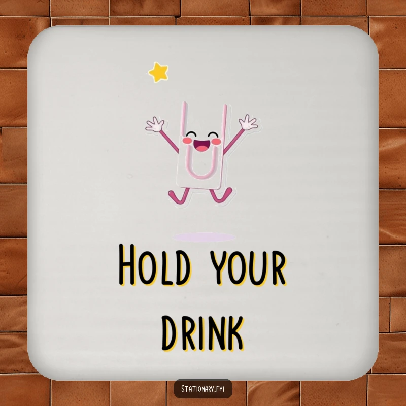 Funny drink coaster featuring a happy paperclip character jumping, perfect for protecting surfaces with energetic flair, a lovely funny gift.