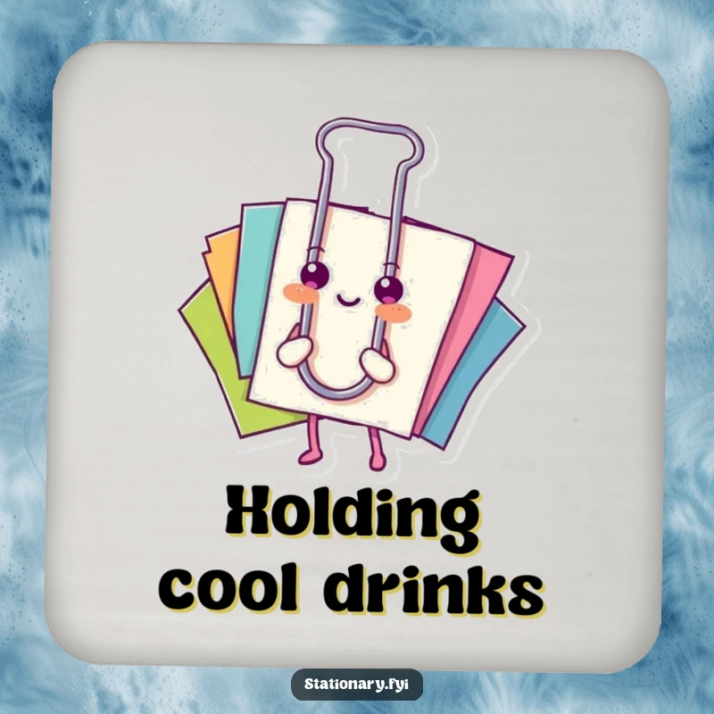 Funny coasters: A happy paperclip holds colorful papers, offering protective and organized accents.