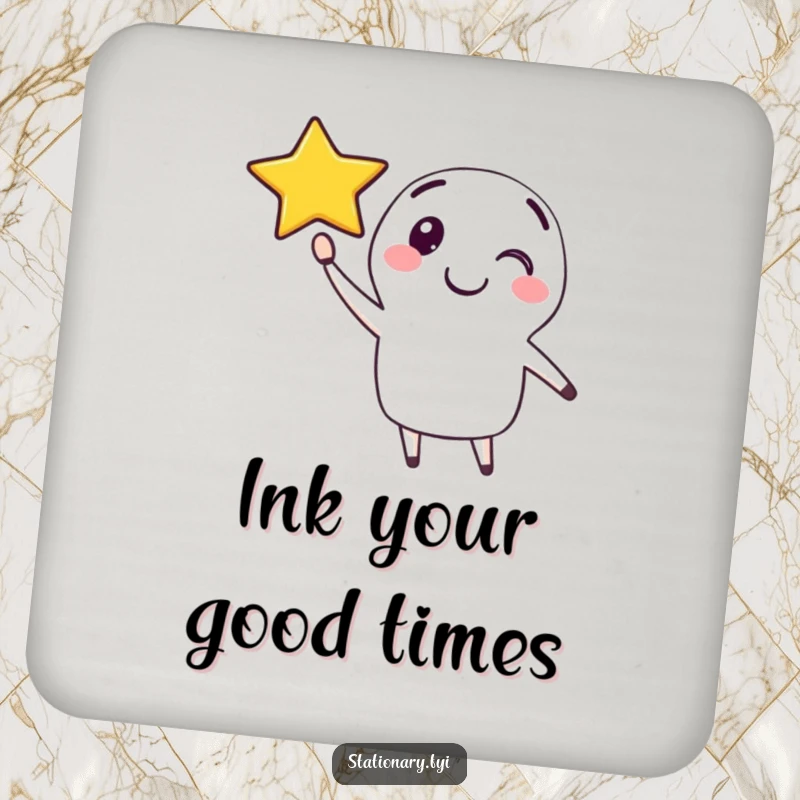 Funny drink coaster featuring a happy pen character drawing a smiling star in the air, adding creative flair.
