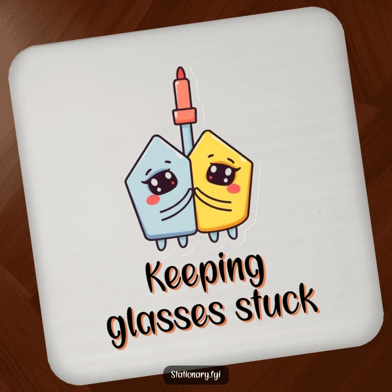 Funny coasters: A curious glue stick connects two shapes, offering protective and fun accents.