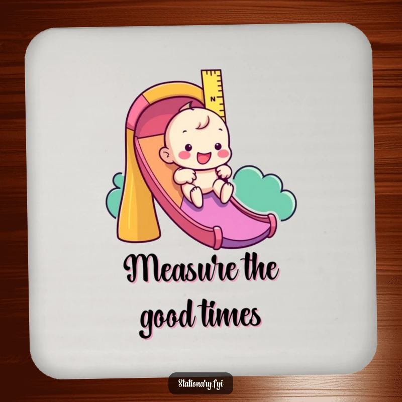 Funny drink coaster featuring a playful ruler character on a colorful slide, adding fun and protection to surfaces.