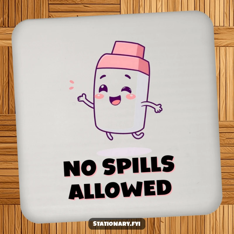 Funny drink coaster with a giggling eraser character bouncing playfully, providing surface protection with a humorous and charming artistic design.