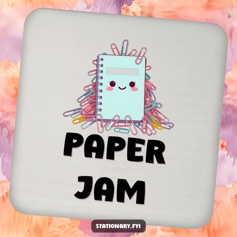 Funny Coaster: A tiny notebook struggling under a massive amount of paperclips, providing humorous surface protection.